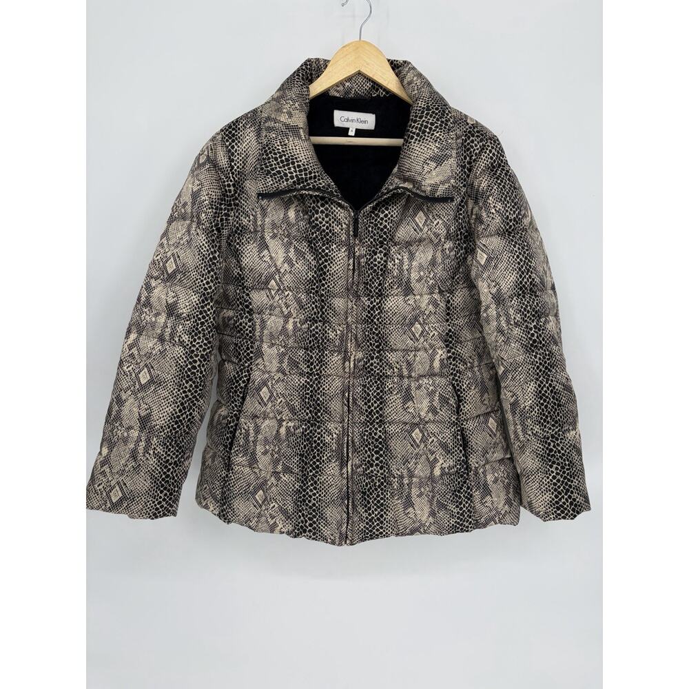 Calvin Klein Snake Print Puffer Jacket XL | Faux Fur Lined Down Blend